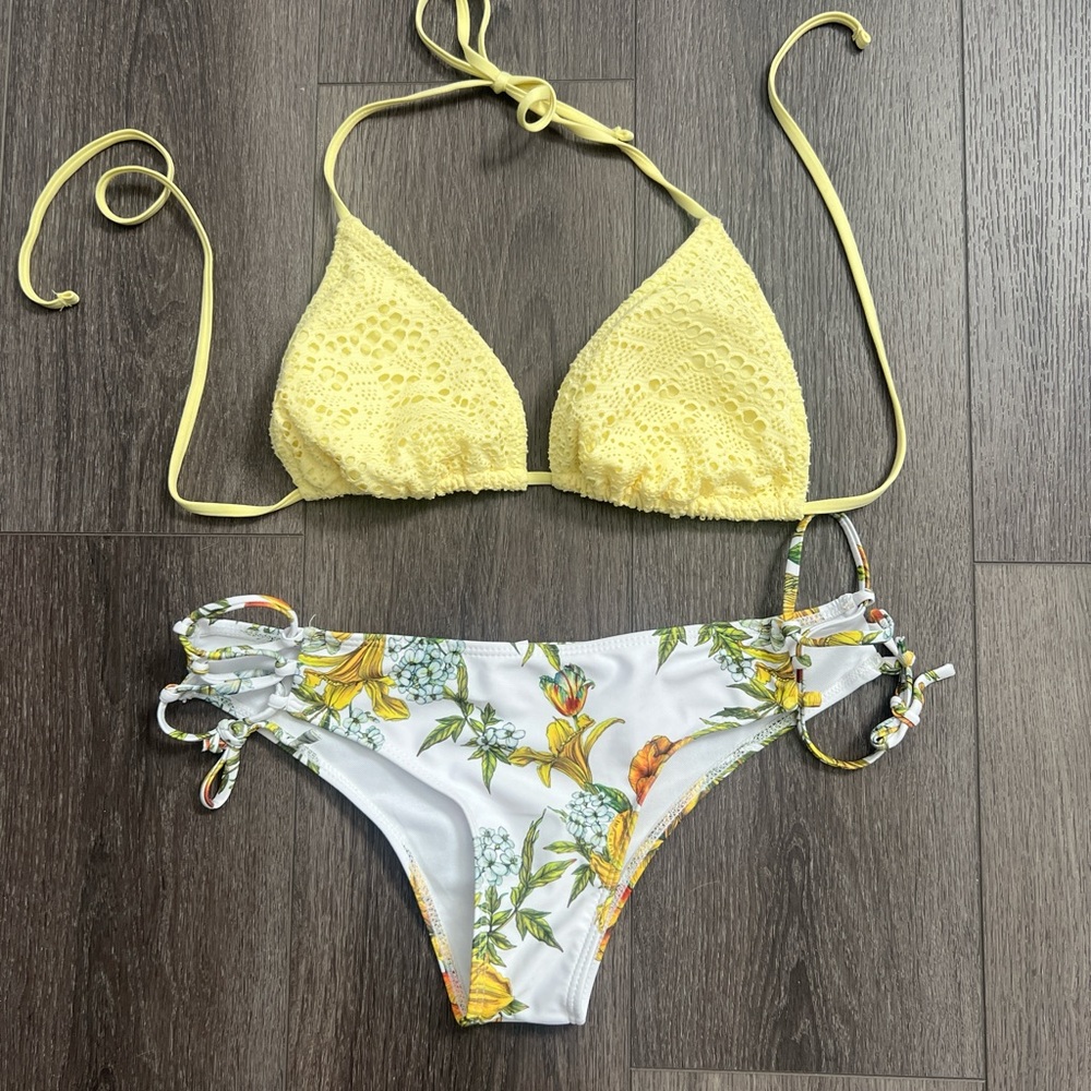 Yellow Crochet Bikini Set Top with Floral Bottom S / M